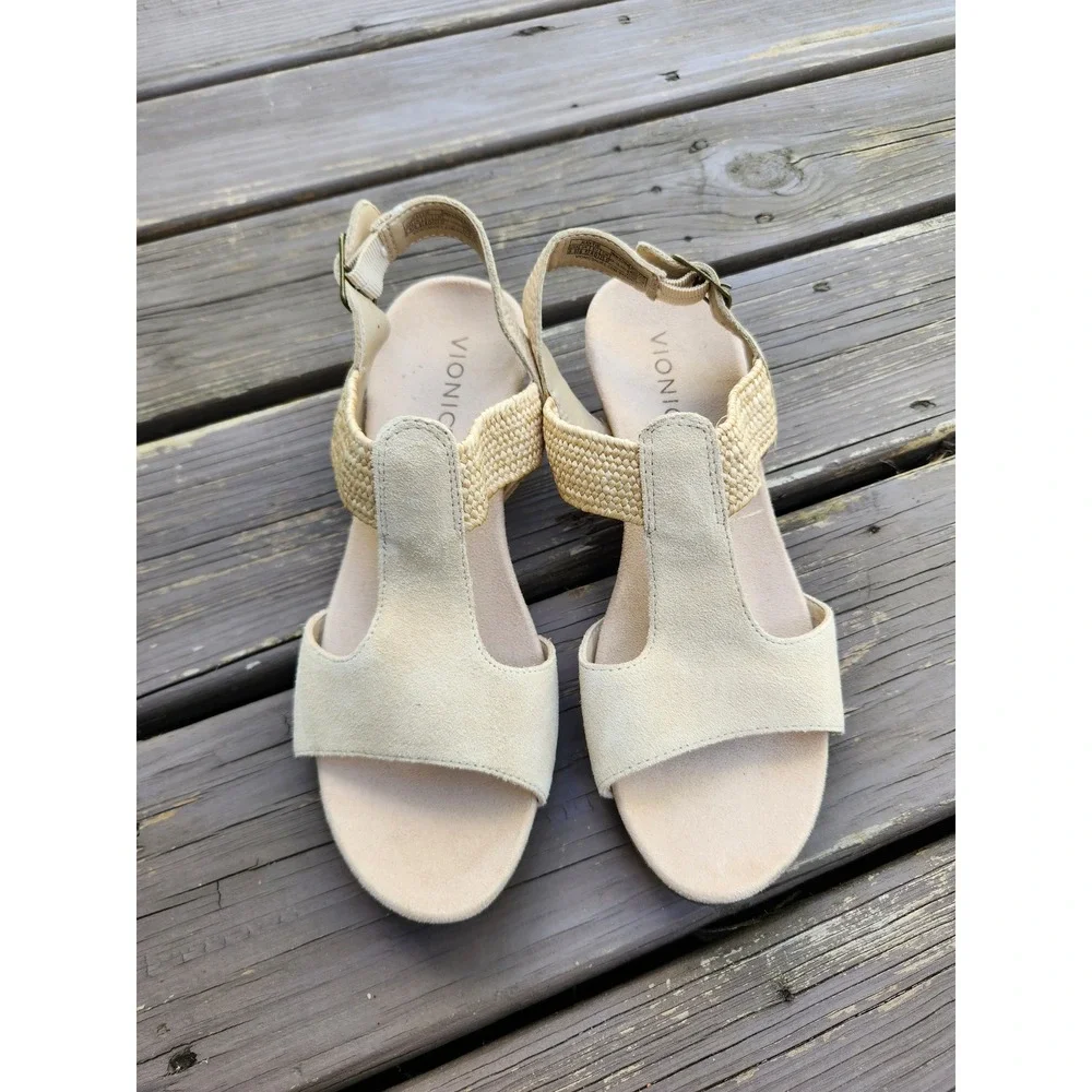 Vionic Kaytie Wedge Sandals Cream Leather Raffia Cork Slingback 8.5